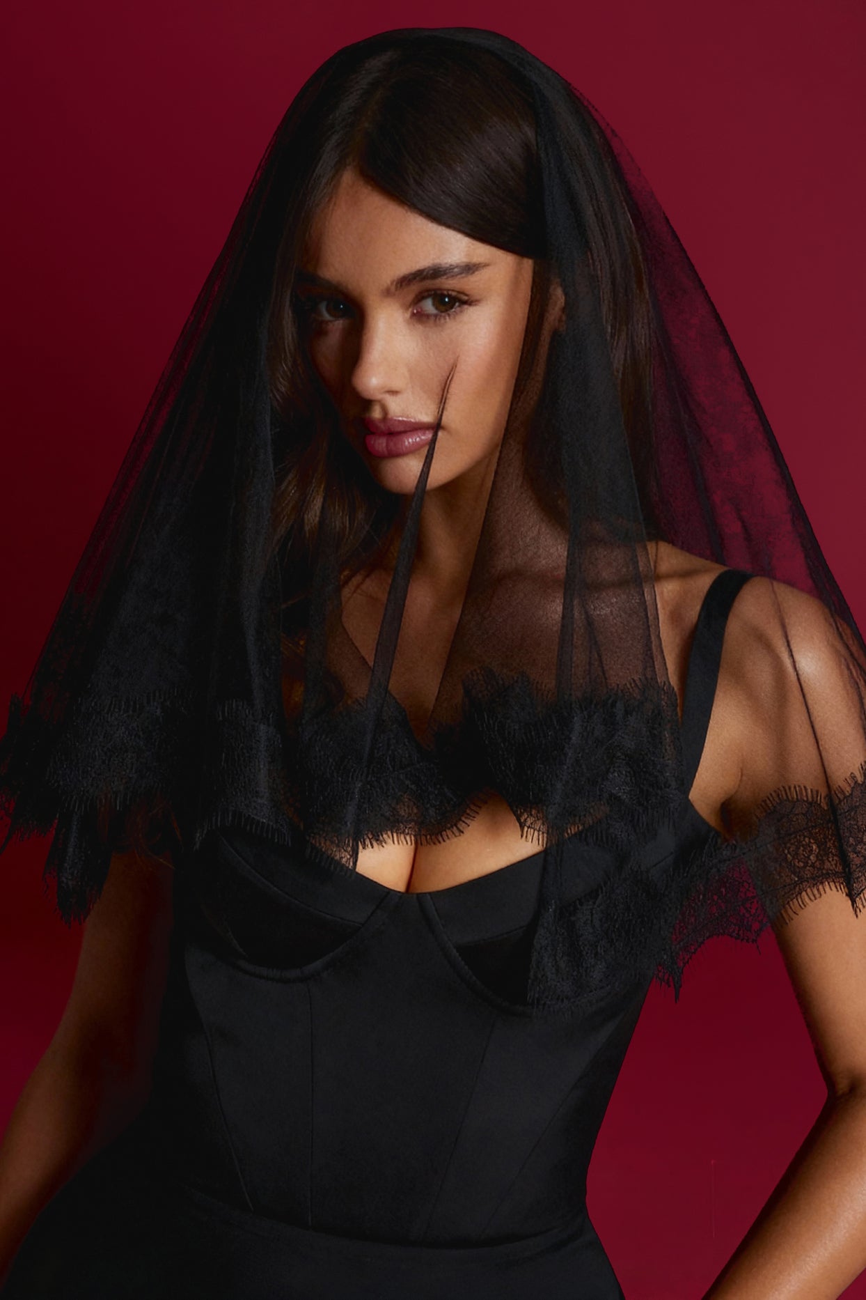 Lace-Trim Veil in Black - 1