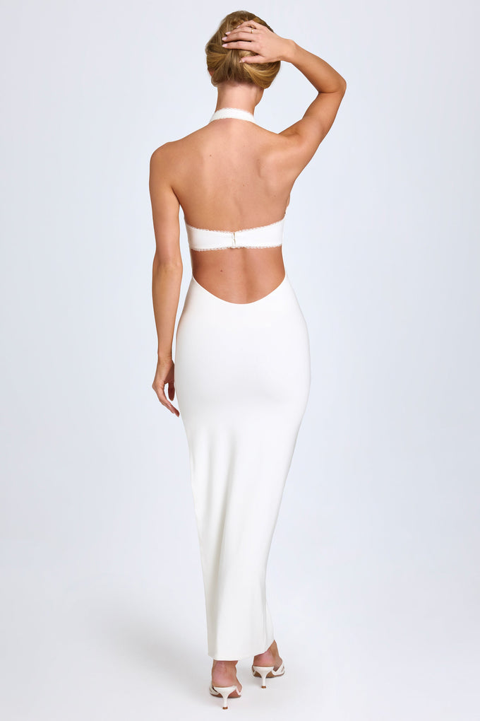 Modal Lace-Trim Halterneck Maxi Dress in White
