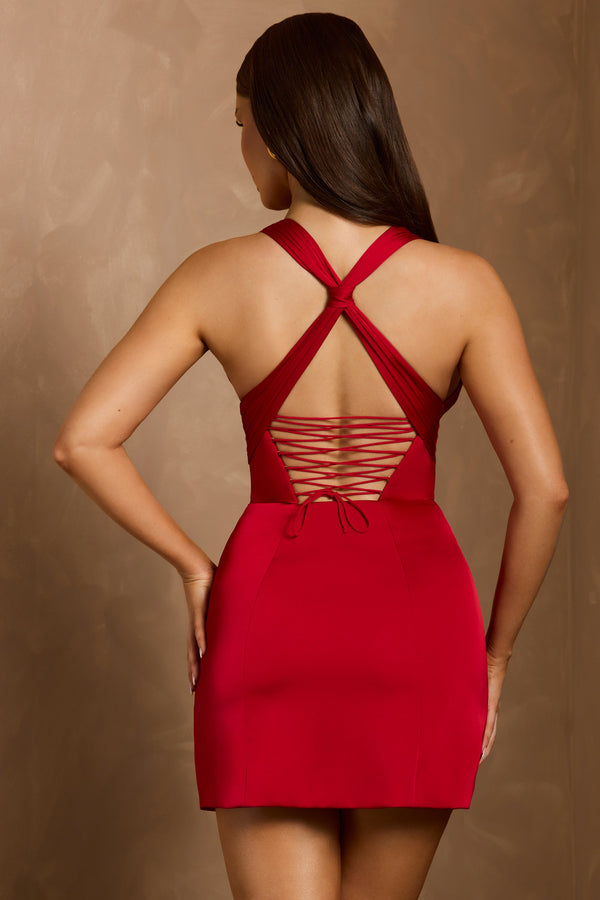 Halterneck Lace-Up A-Line Mini Dress in Scarlet Red - 2