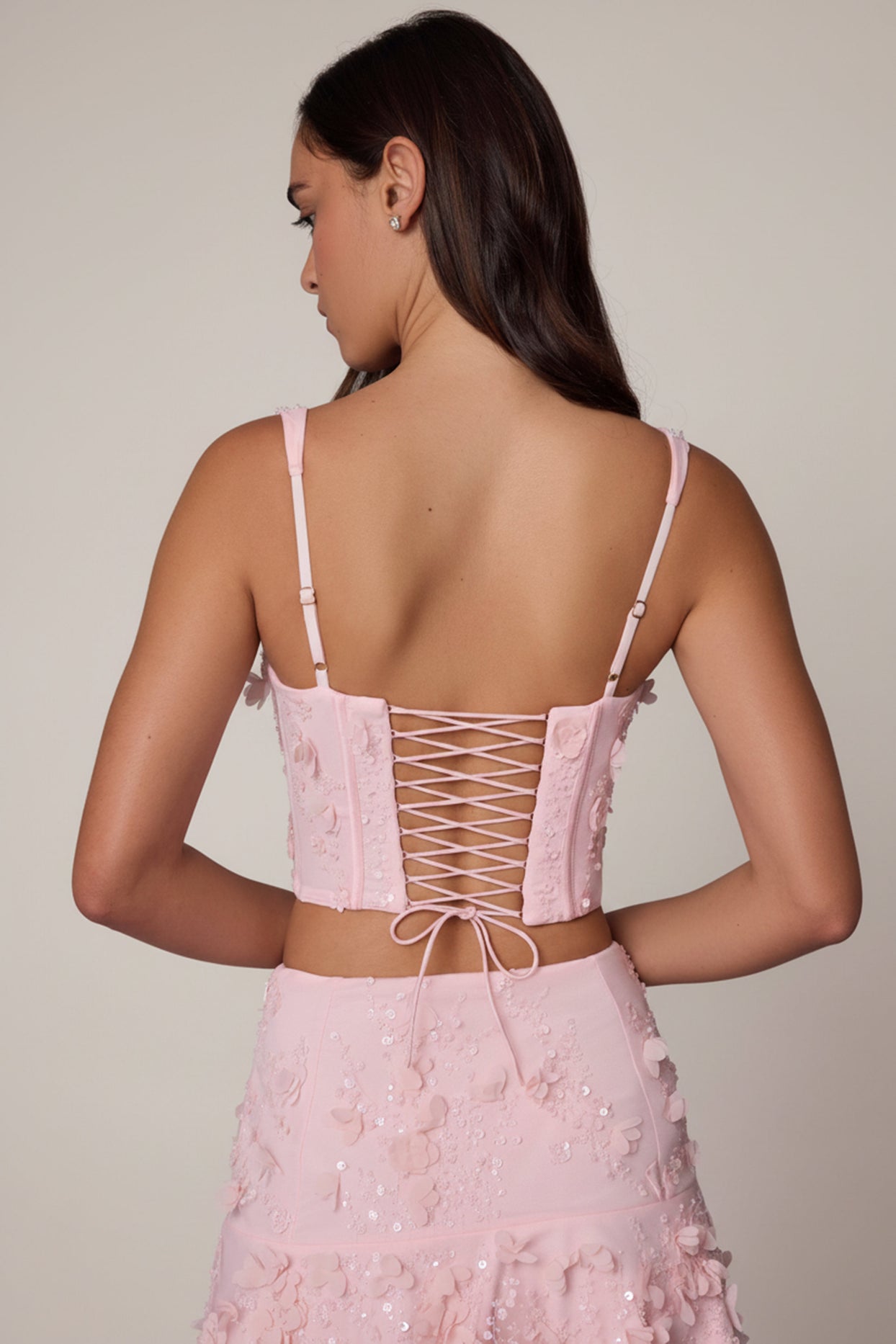 Embellished Lace-Up Corset Top in Soft Pink - 7