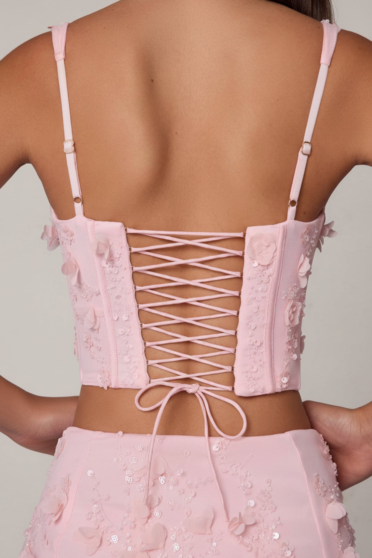 Embellished Lace-Up Corset Top in Soft Pink - 4