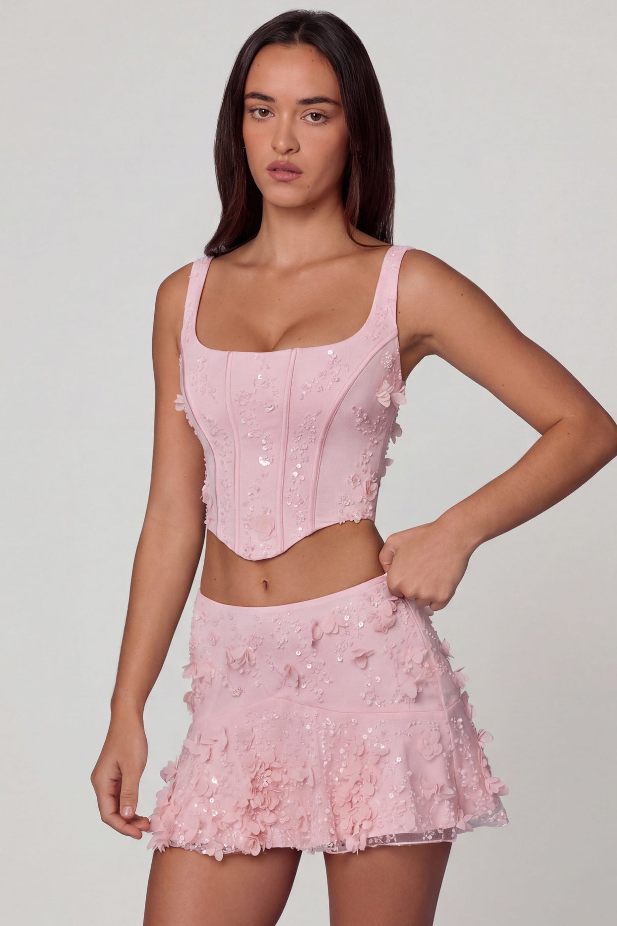 Embellished Lace-Up Corset Top in Soft Pink - 6