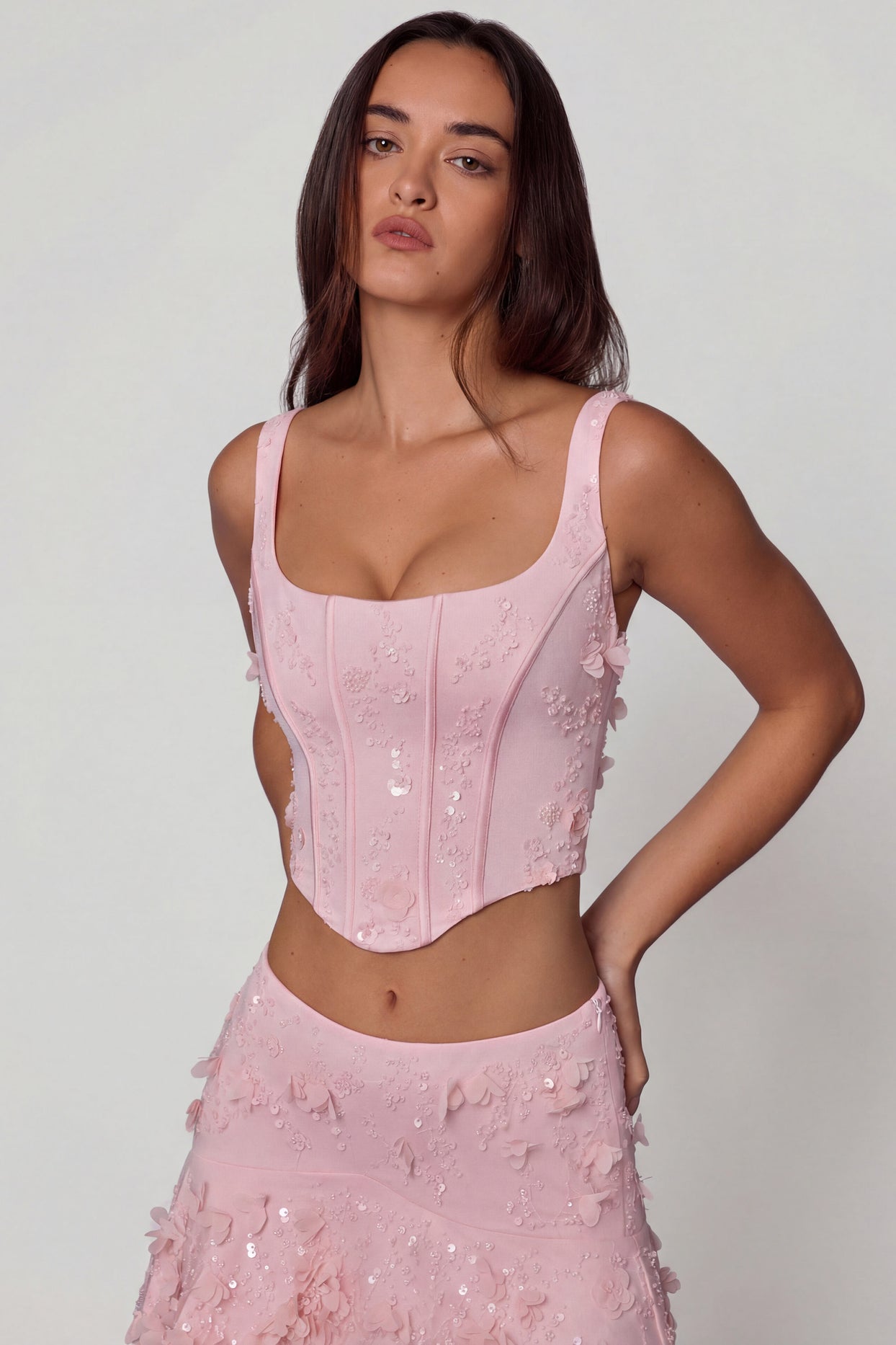 Embellished Lace-Up Corset Top in Soft Pink - 8