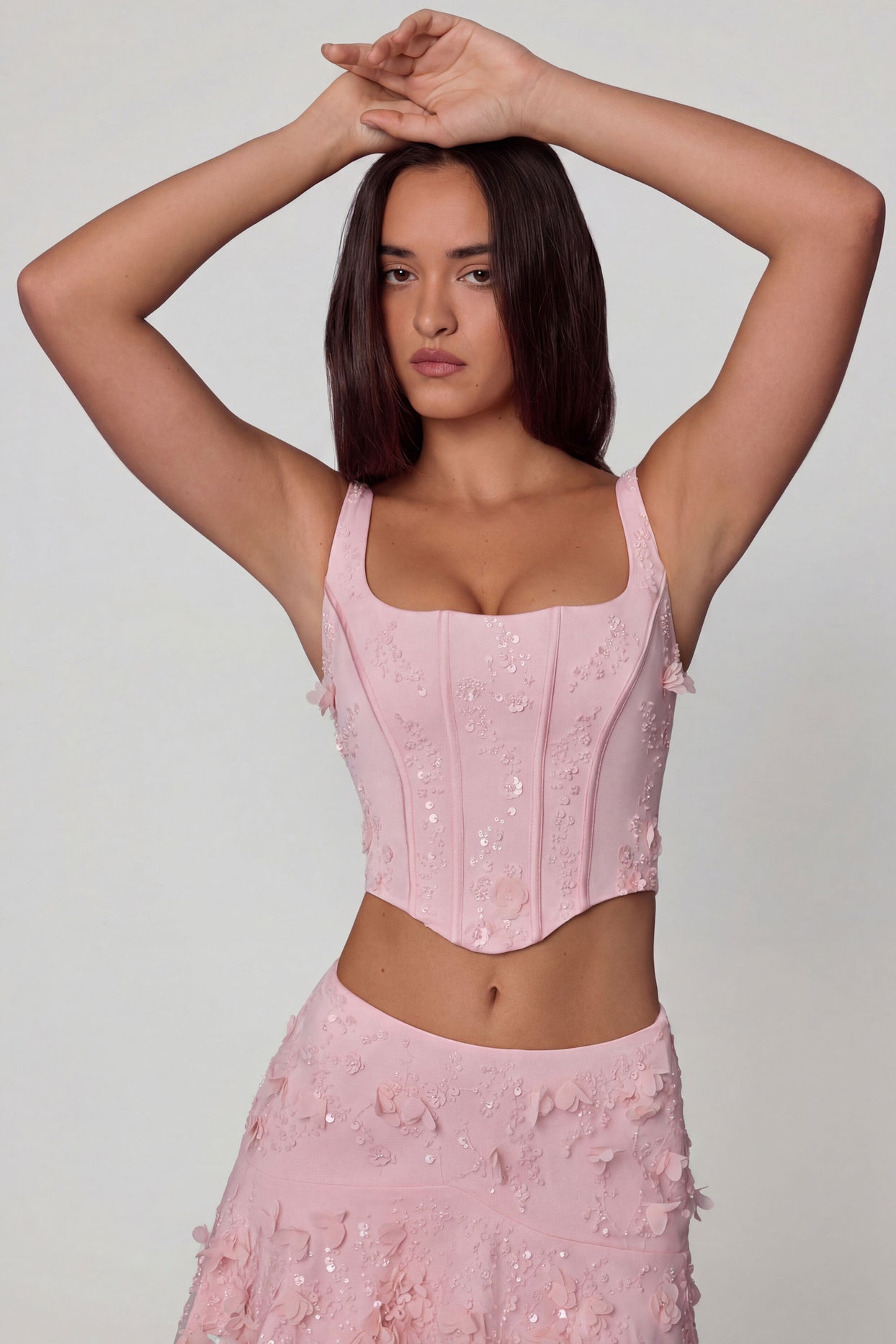 Embellished Lace-Up Corset Top in Soft Pink - 5