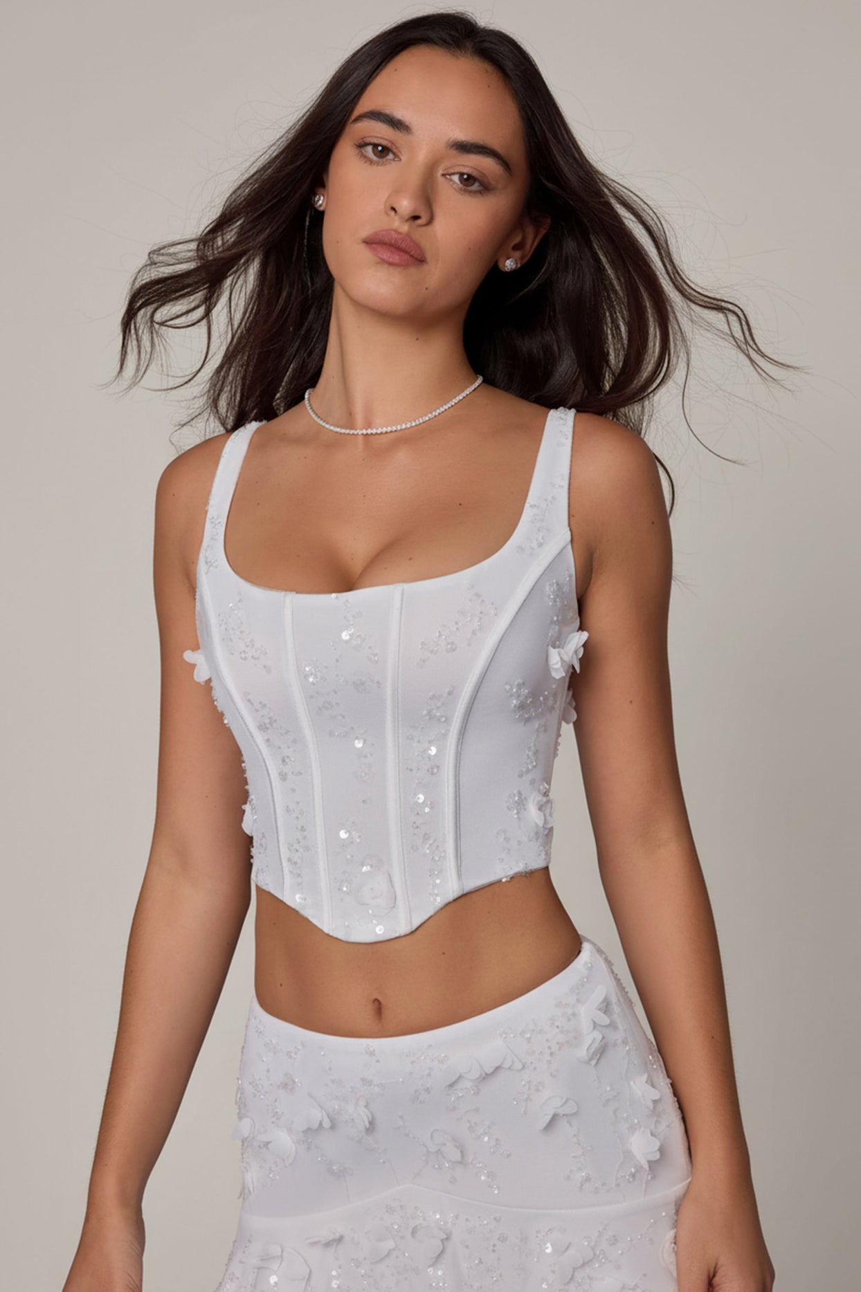 Embellished Lace-Up Corset Top in White - 6