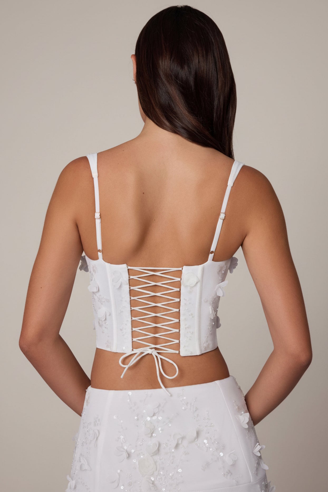 Embellished Lace-Up Corset Top in White - 5