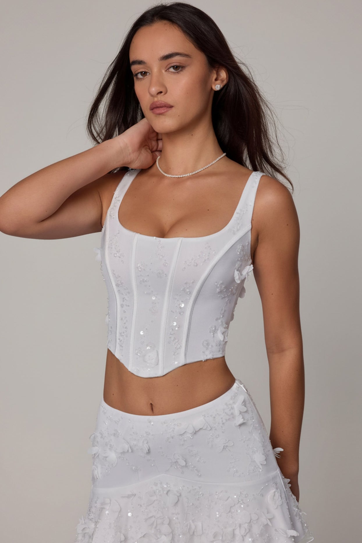 Embellished Lace-Up Corset Top in White - 4