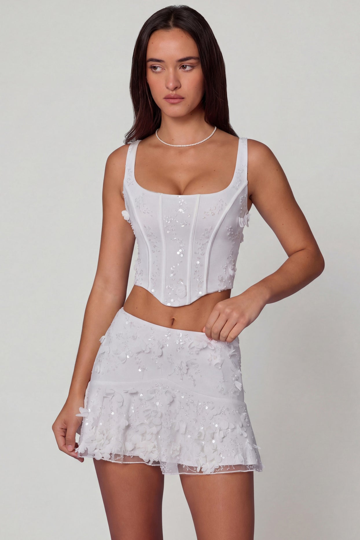 Embellished Lace-Up Corset Top in White - 7