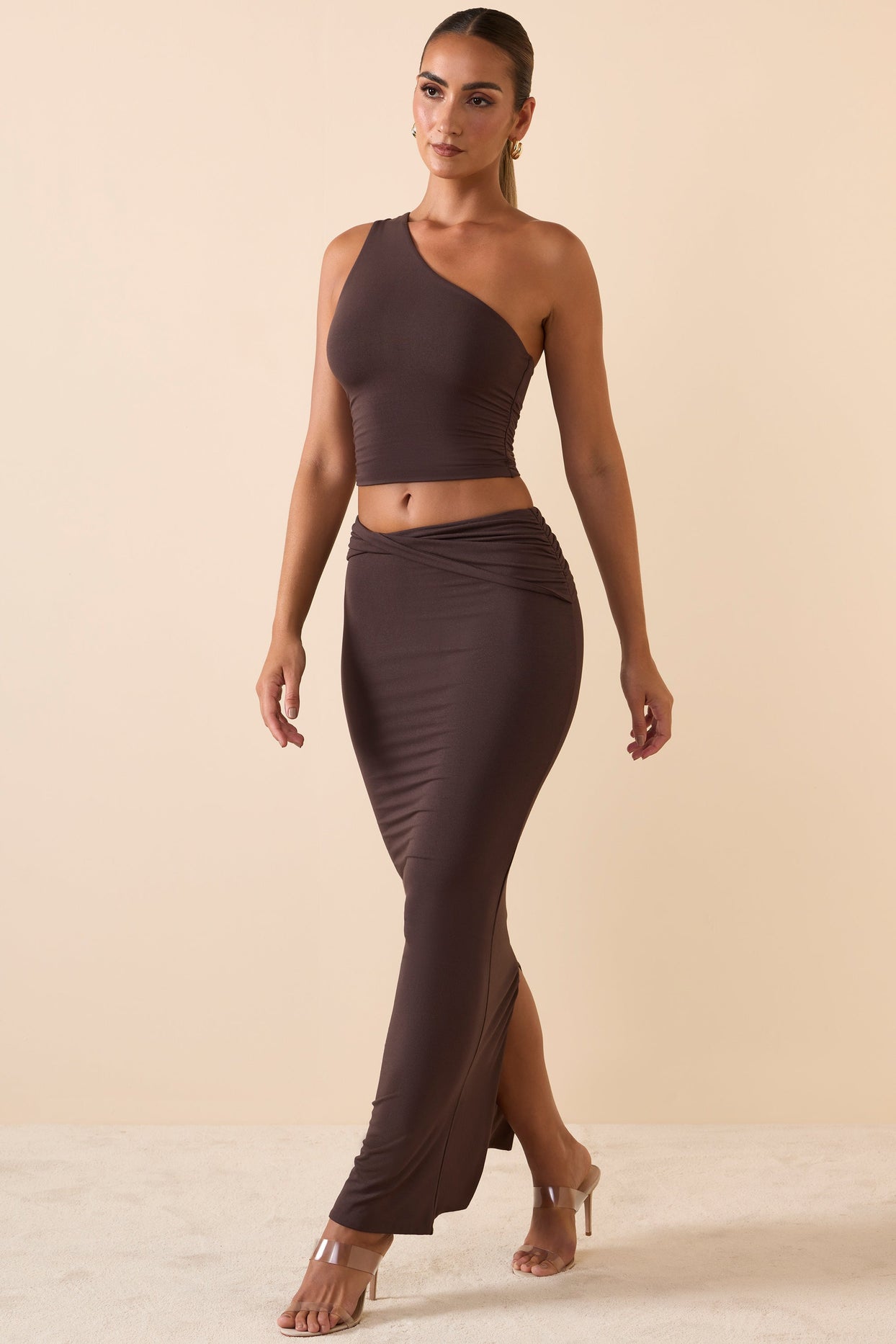 Modal Twist-Front Maxi Skirt in Chocolate Brown