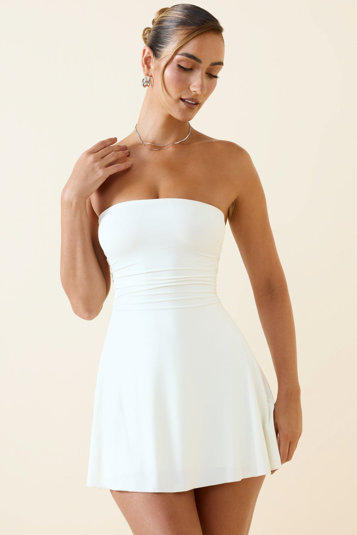 Bandeau Ruched A-Line Mini Dress in Vanilla