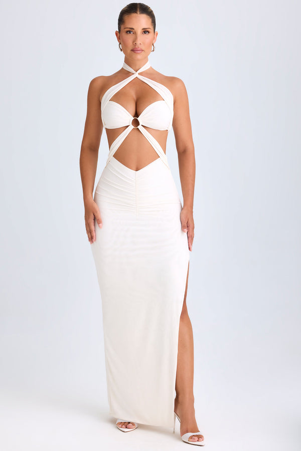 Cut-Out Ruched Halterneck Maxi Dress in White - 1