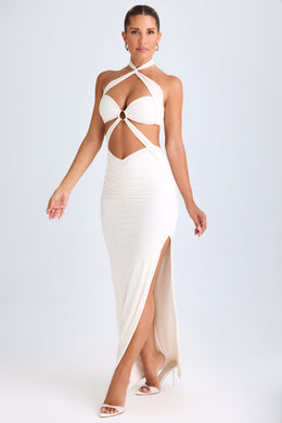 Cut-Out Ruched Halterneck Maxi Dress in White