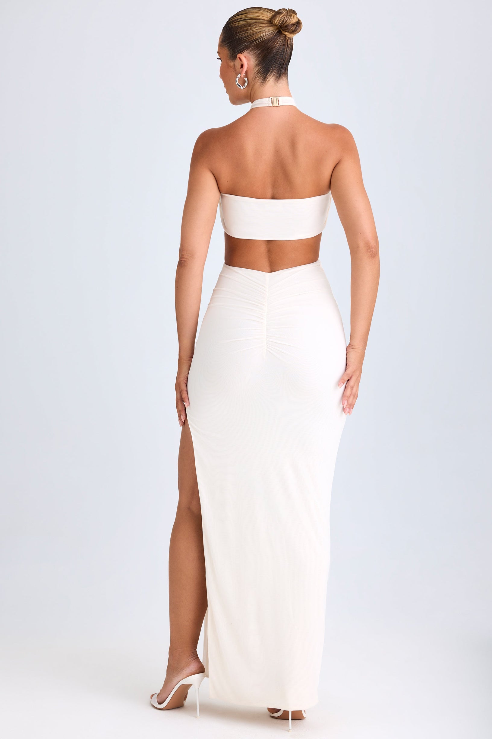Cut-Out Ruched Halterneck Maxi Dress in White - 2