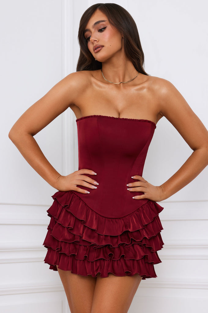 Bandeau Ruffled Tiered Corset Mini Dress in Berry Red