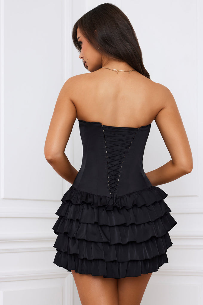 Bandeau Ruffled Tiered Corset Mini Dress in Black