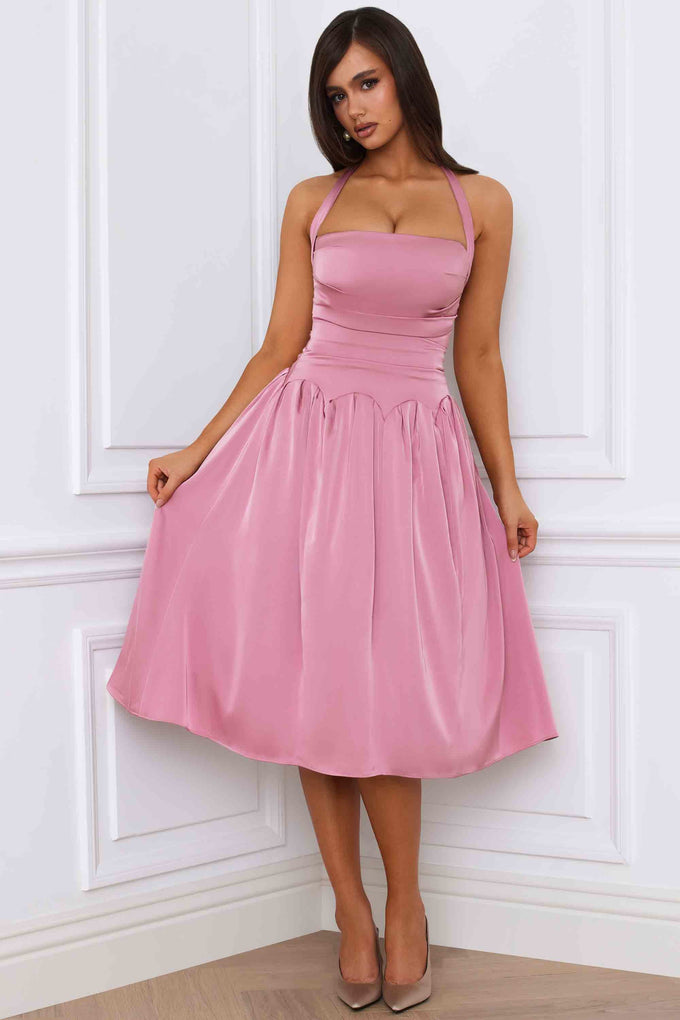 Halterneck Lace-Up Ruched Corset Midi Dress in Mauve