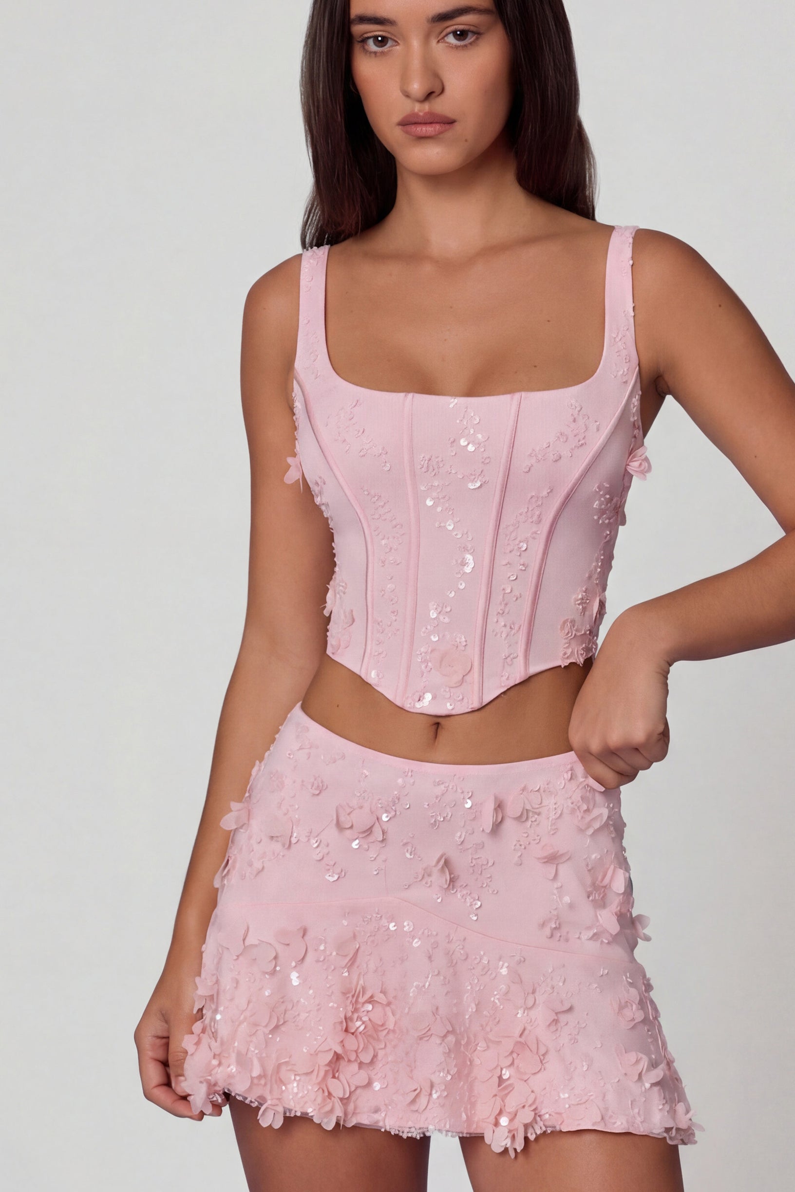 Embellished Mid-Rise A-Line Mini Skirt in Soft Pink - 1