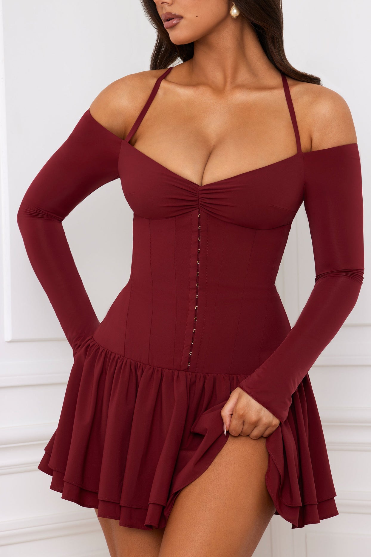 Off-Shoulder Tiered Corset Mini Dress in Berry Red