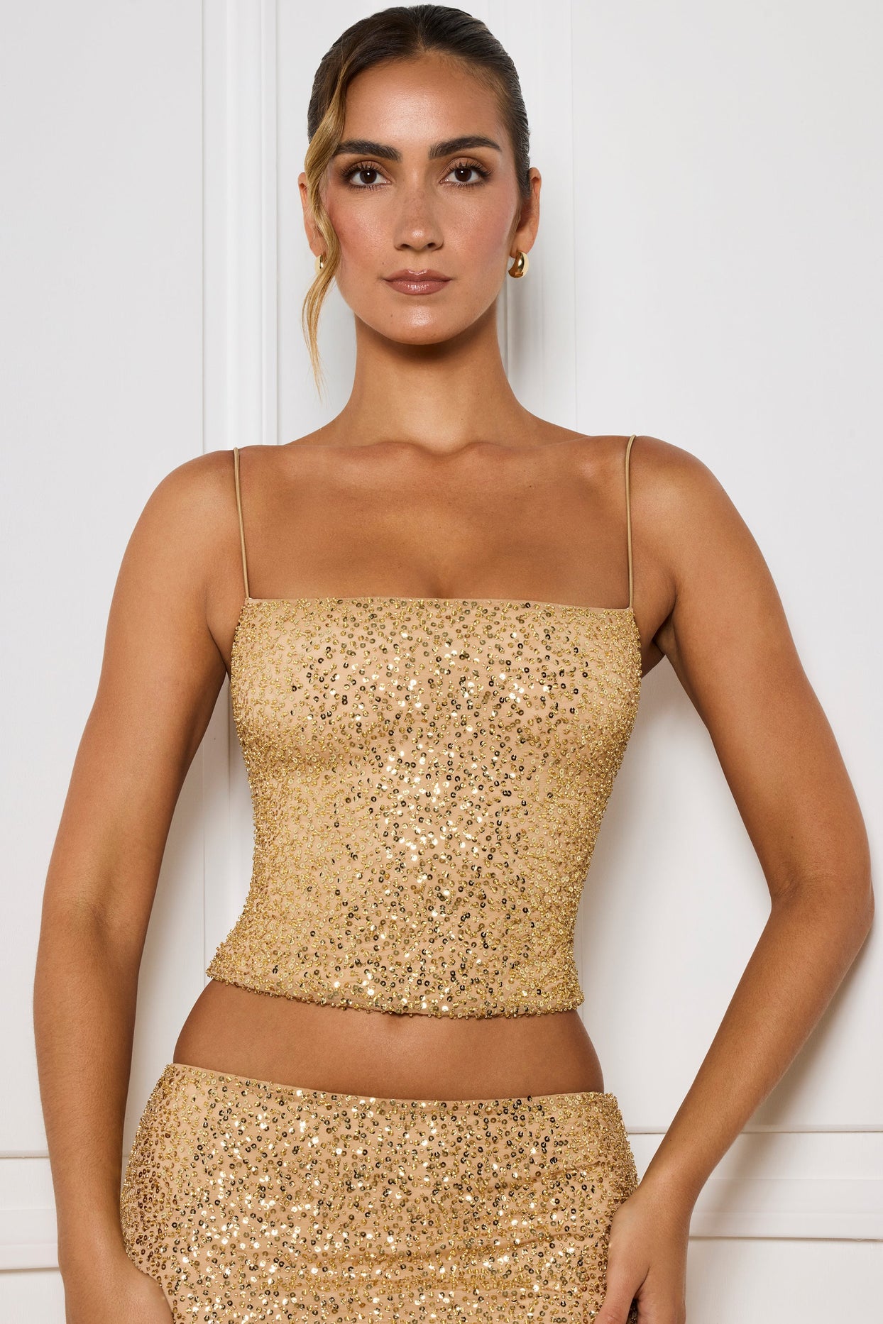 Embellished Square-Neck Top in Gold