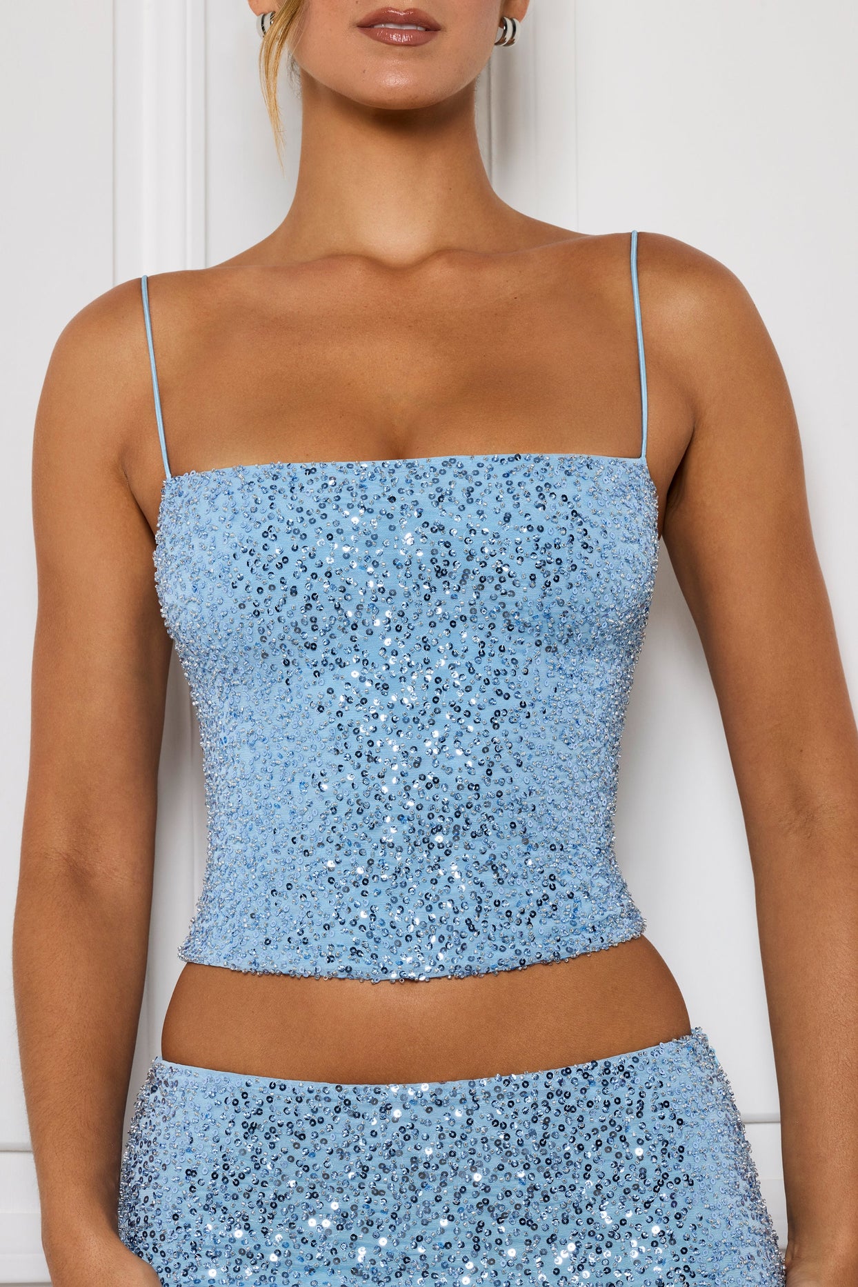 Embellished Square-Neck Top in Light Blue