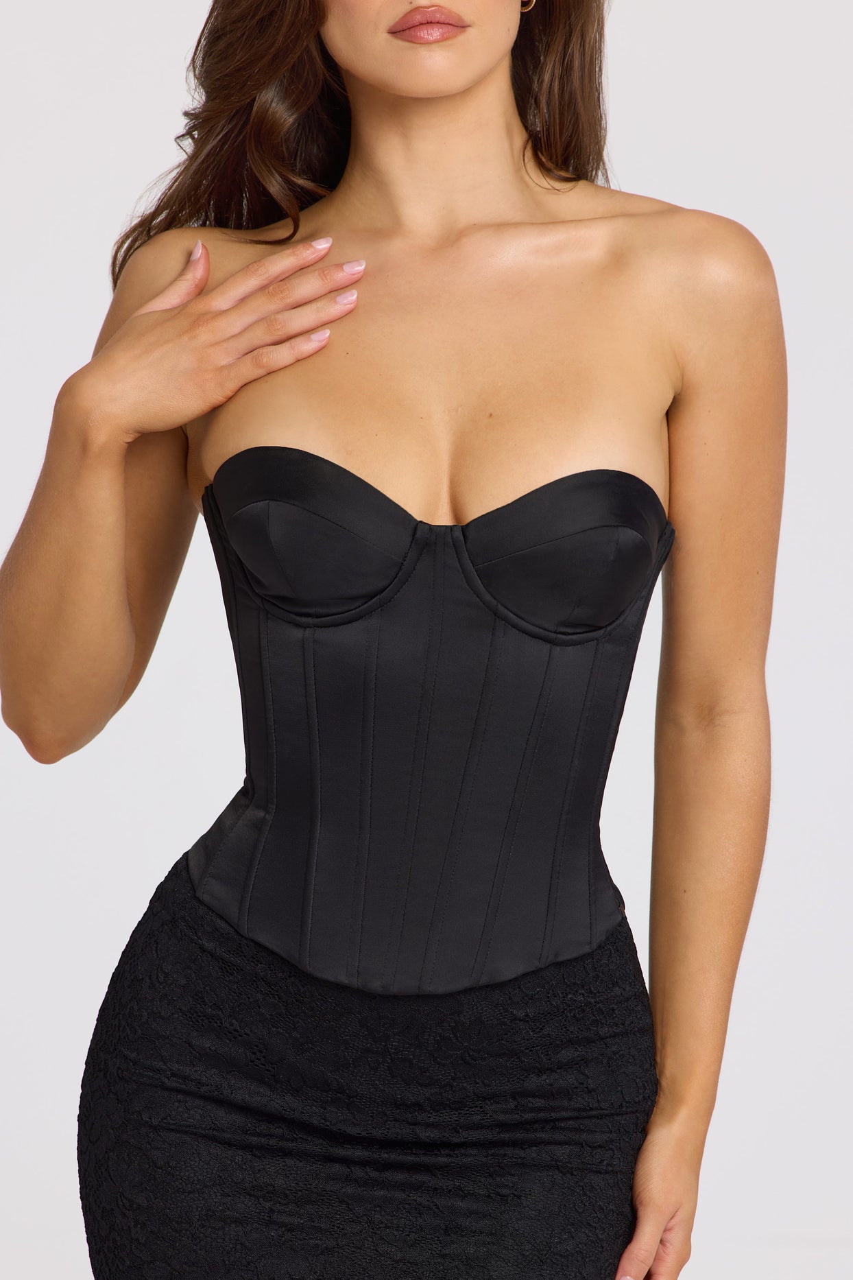 Satin Lace-Up Corset Top in Black - 4