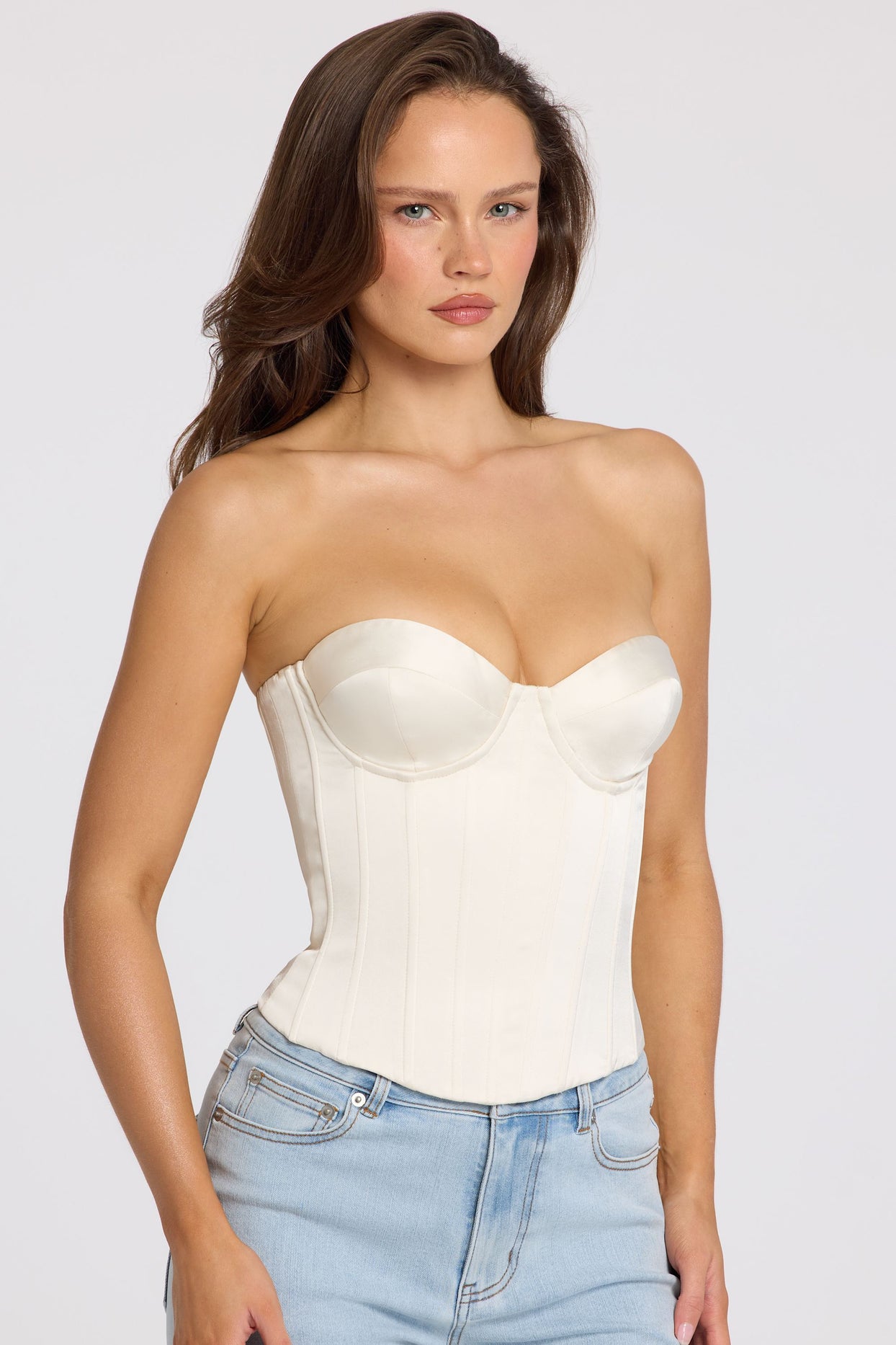 Satin Lace-Up Corset Top in Ivory - 8