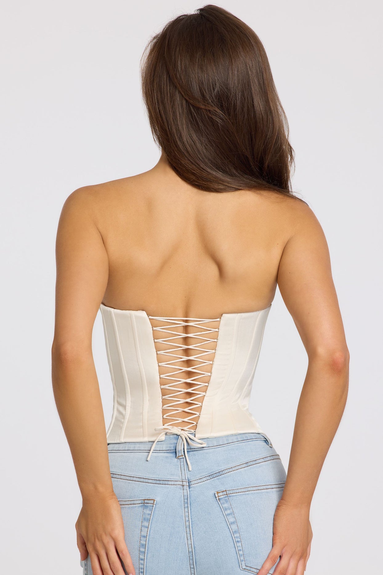Satin Lace-Up Corset Top in Ivory - 7