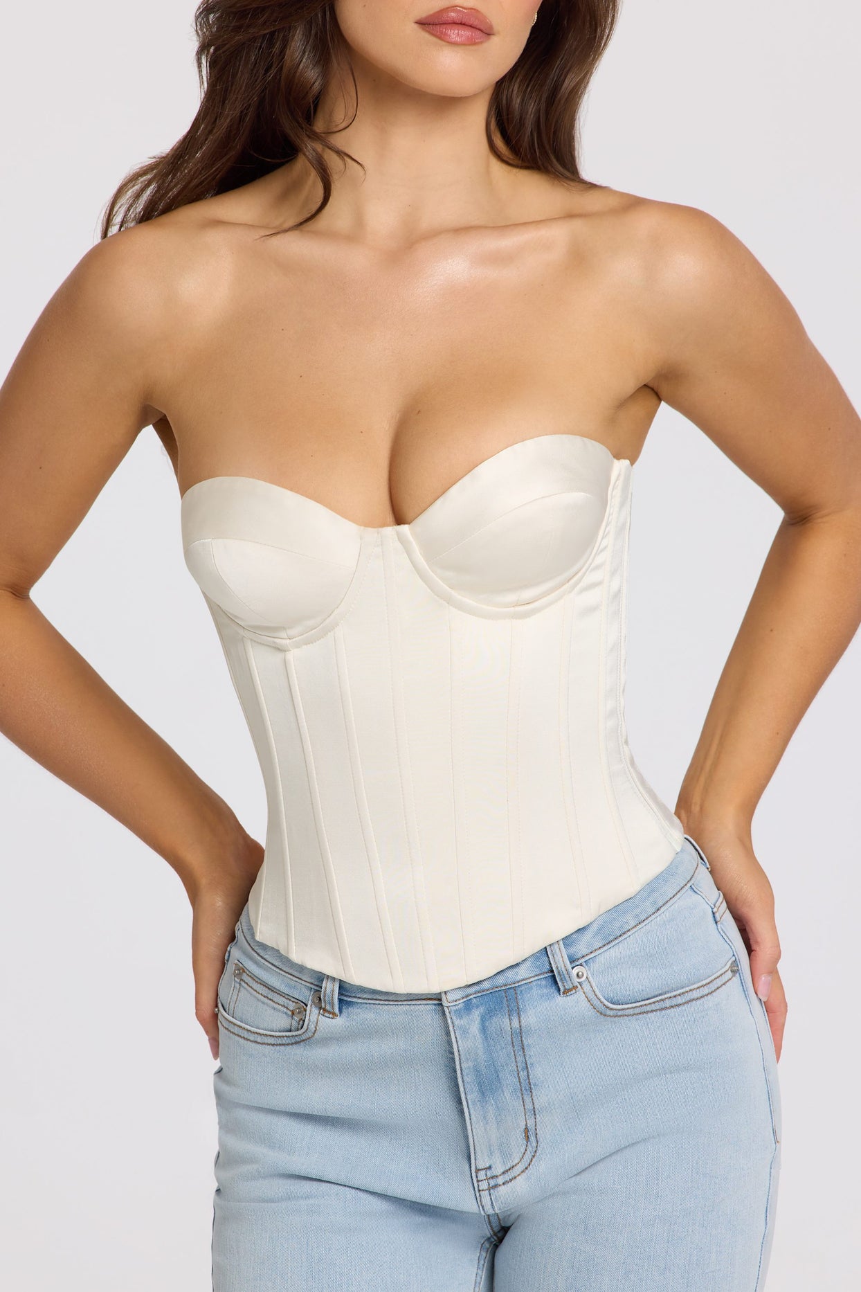 Satin Lace-Up Corset Top in Ivory - 4