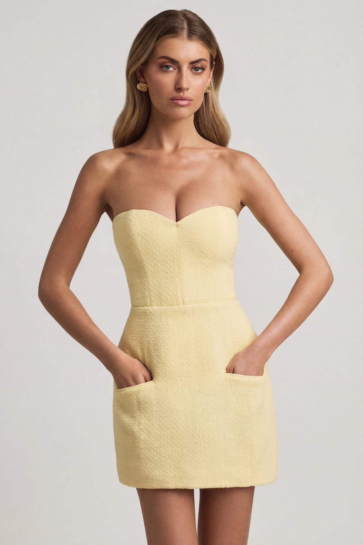 Sweetheart-Neck Strapless Structured Mini Dress in Pastel Yellow - 6
