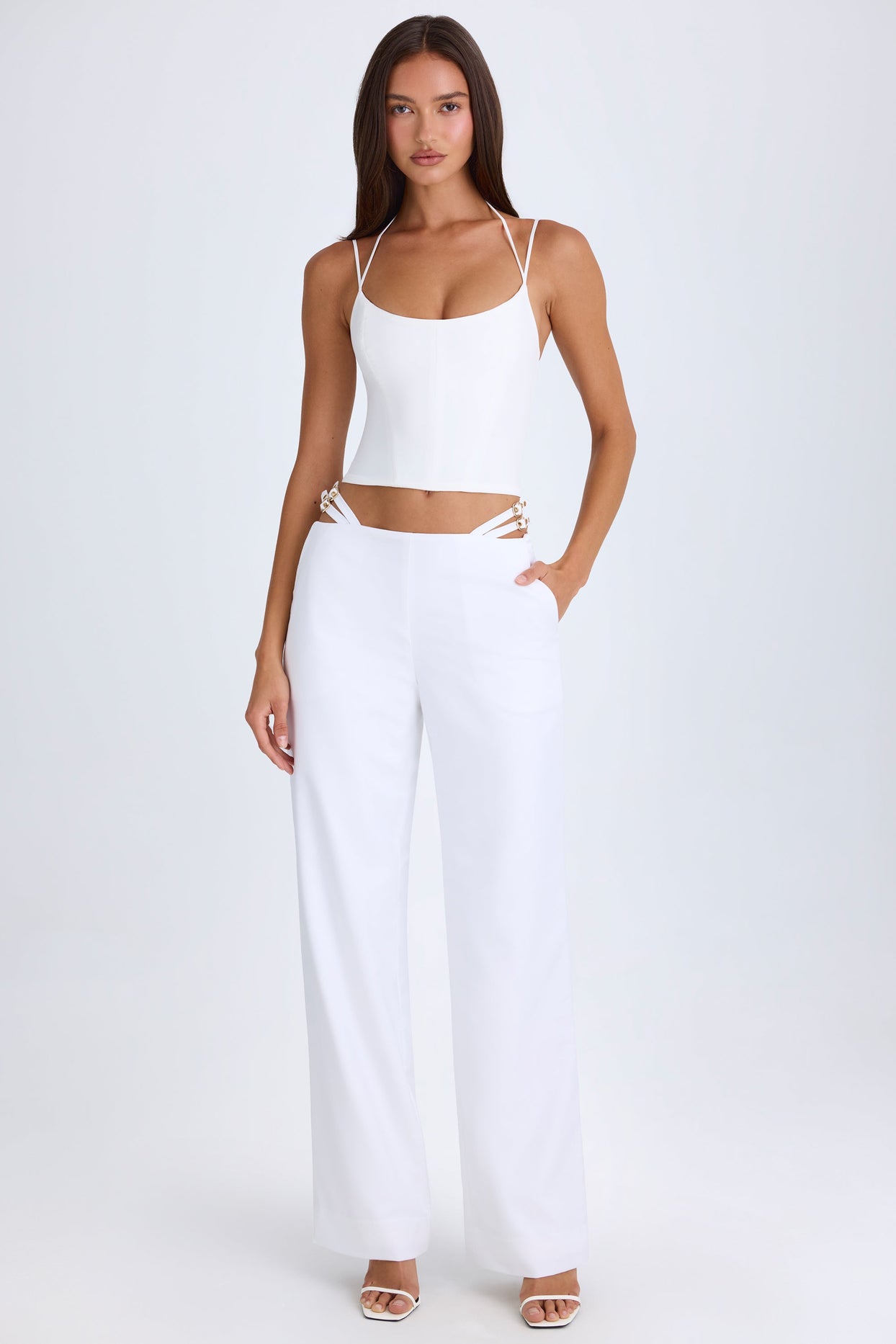 Petite Belted Cut-Out Wide-Leg Trousers in White