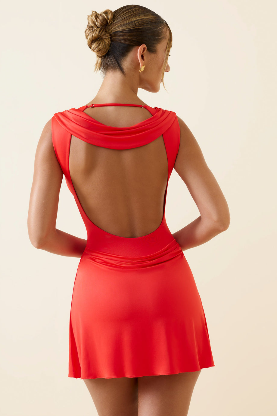 Draped Open-Back A-Line Mini Dress in Scarlet