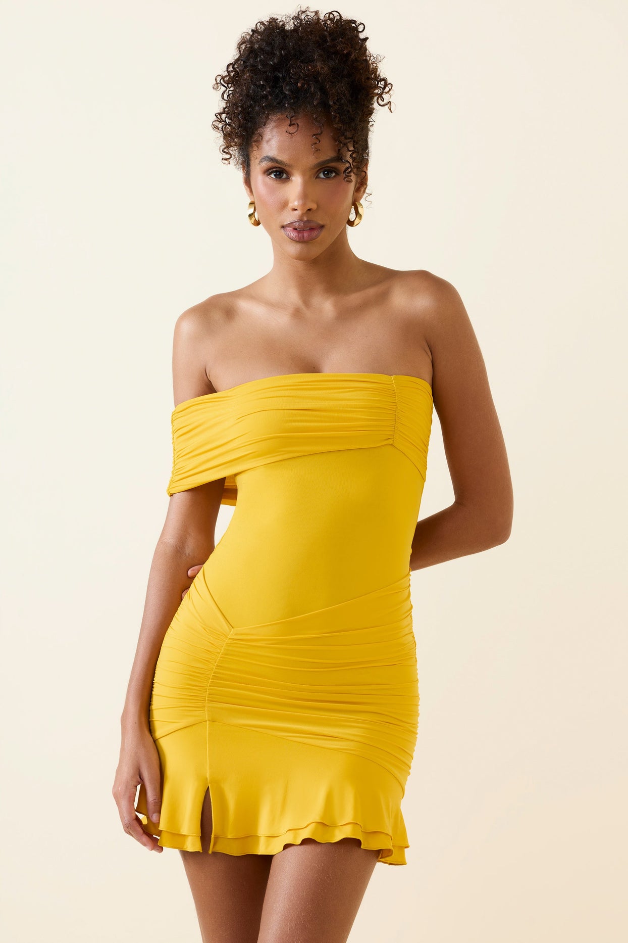 Asymmetric Ruched One-Shoulder Mini Dress in Golden Yellow