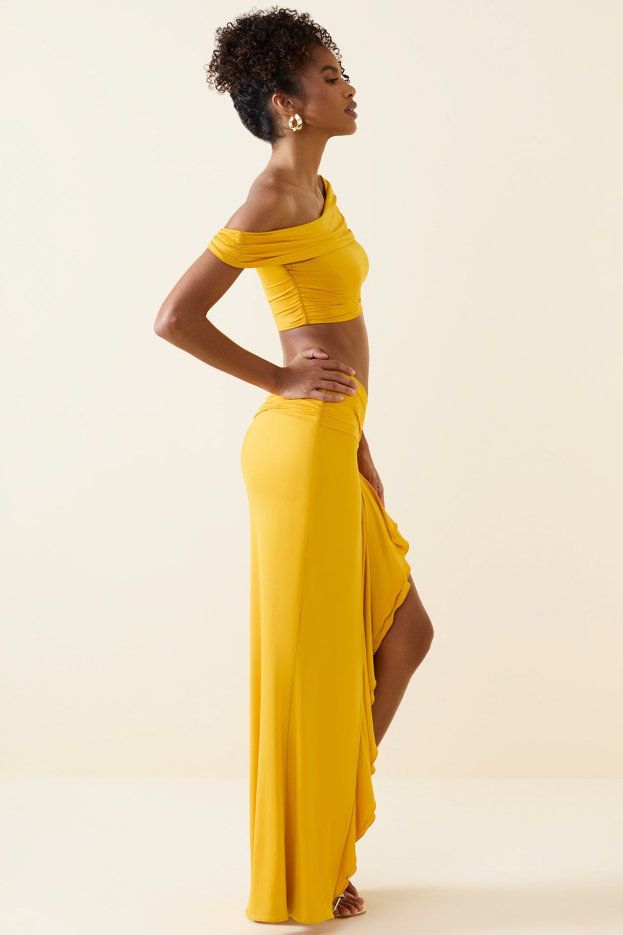 Asymmetric Ruffled Low-Rise Maxi Skirt in Golden Yellow