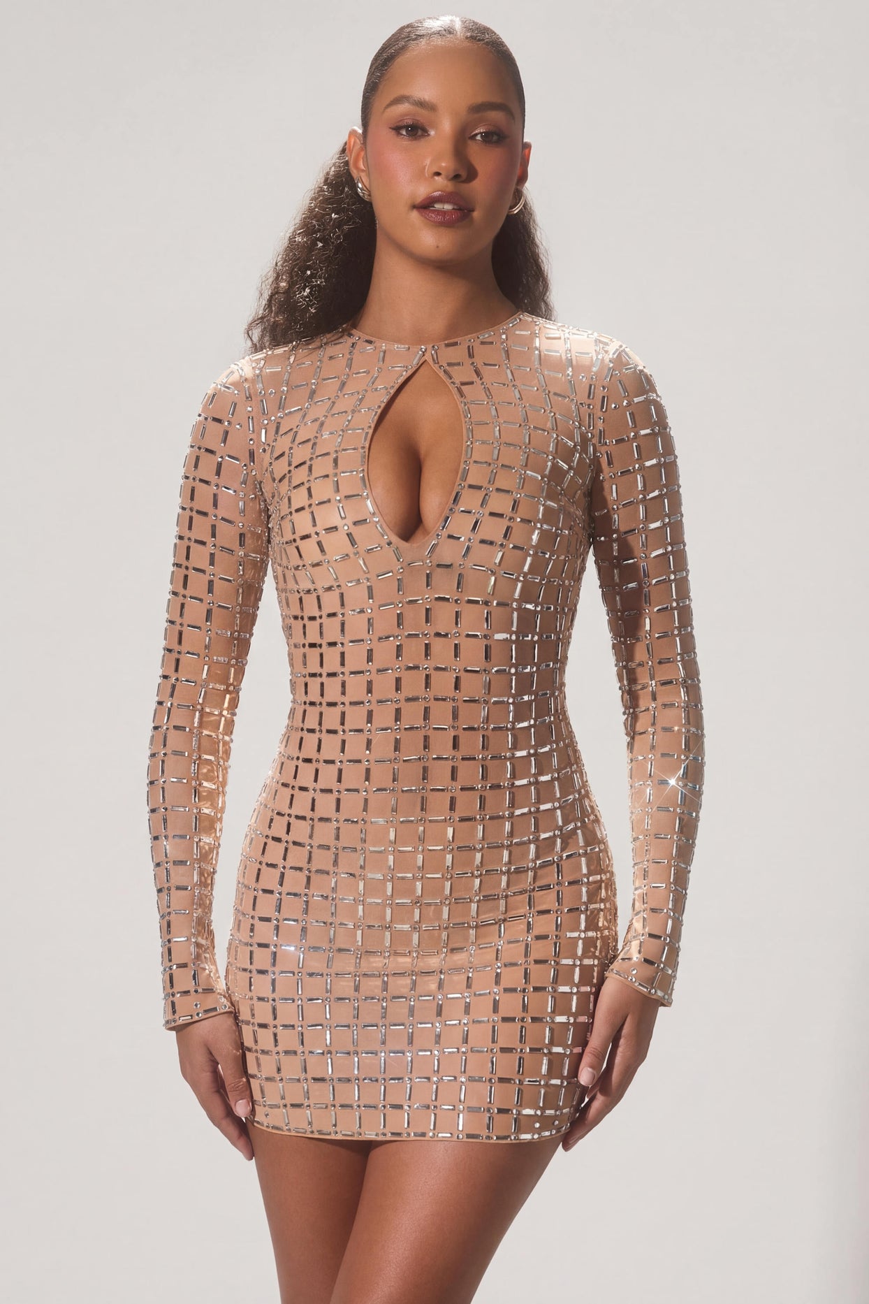 Embellished Semi-Sheer Cut-Out Mini Dress in Almond - 7