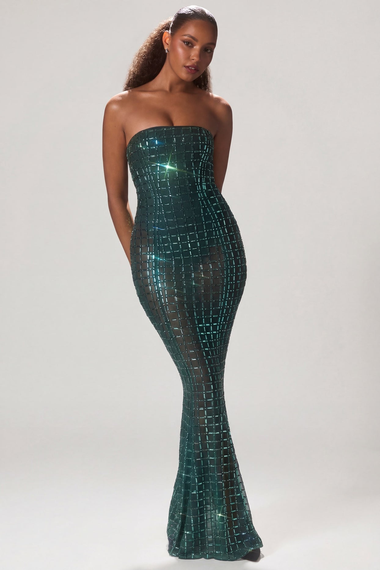 Embellished Strapless Gown in Emerald Green - 1
