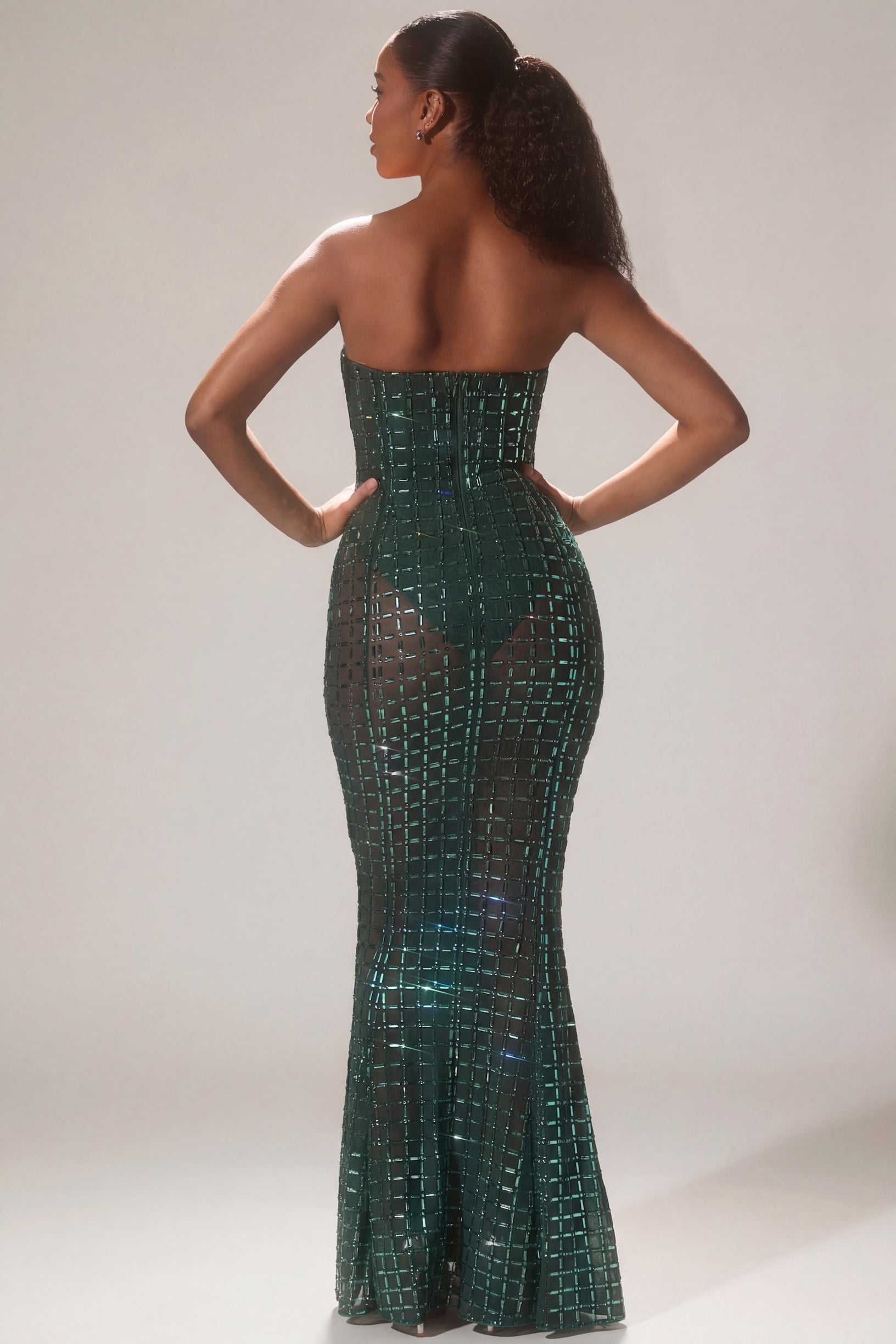 Embellished Strapless Gown in Emerald Green - 2