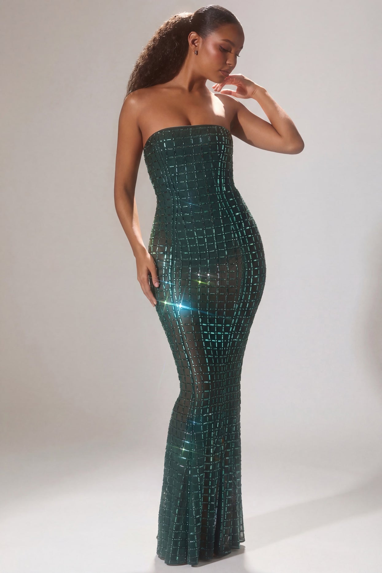 Embellished Strapless Gown in Emerald Green - 5