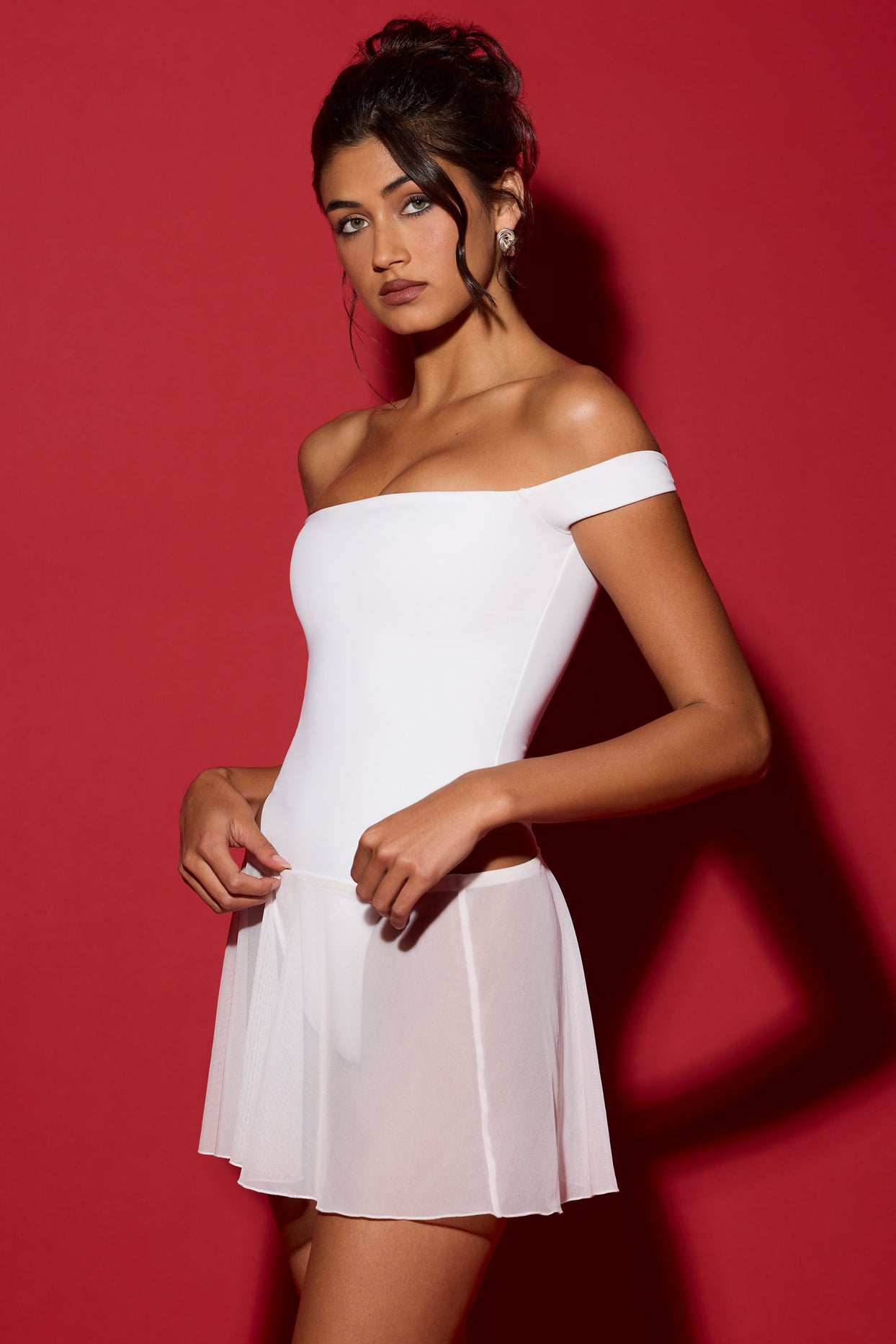 Off-Shoulder Layered Mini Dress in White