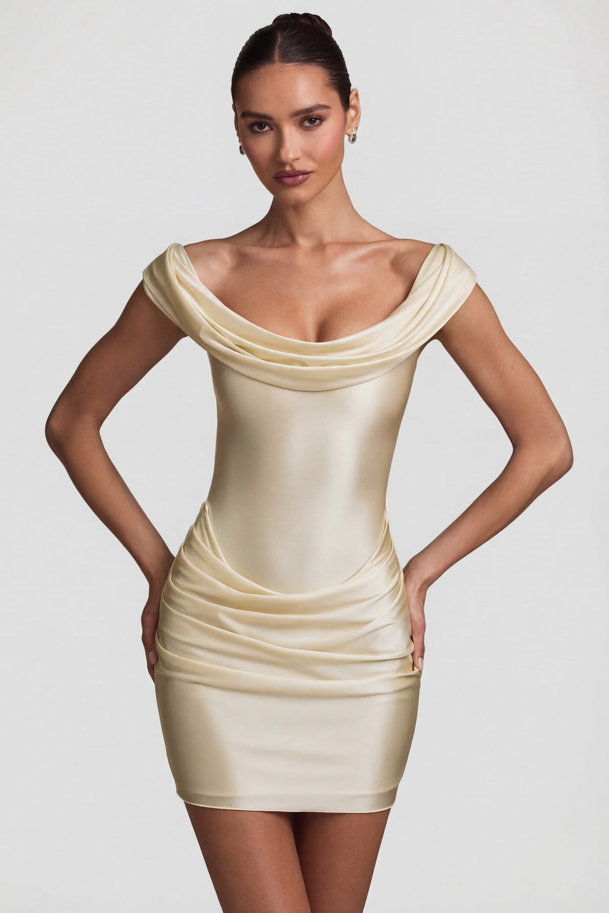 Satin Off-Shoulder Draped Mini Dress in Ivory - 7