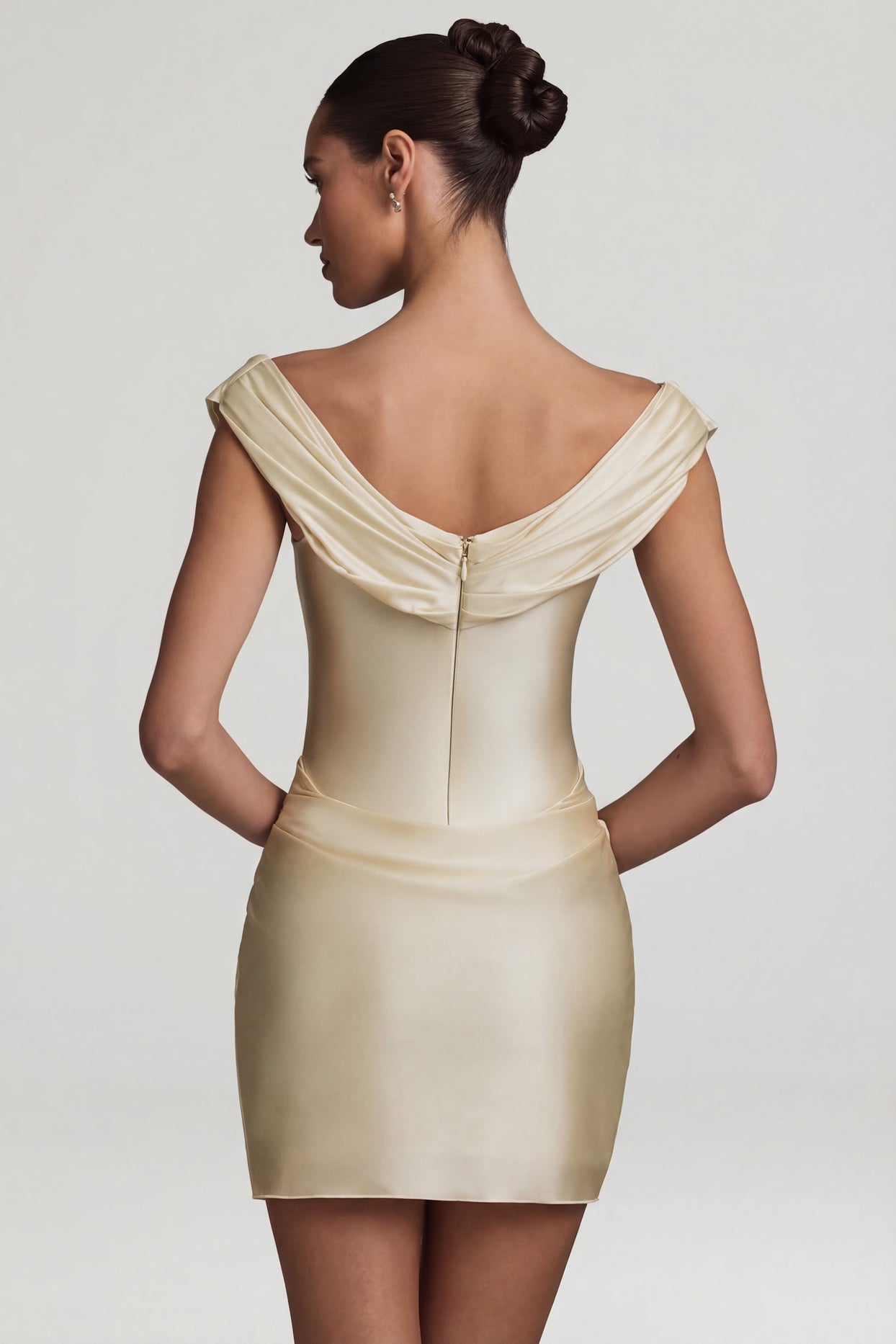 Satin Off-Shoulder Draped Mini Dress in Ivory - 6