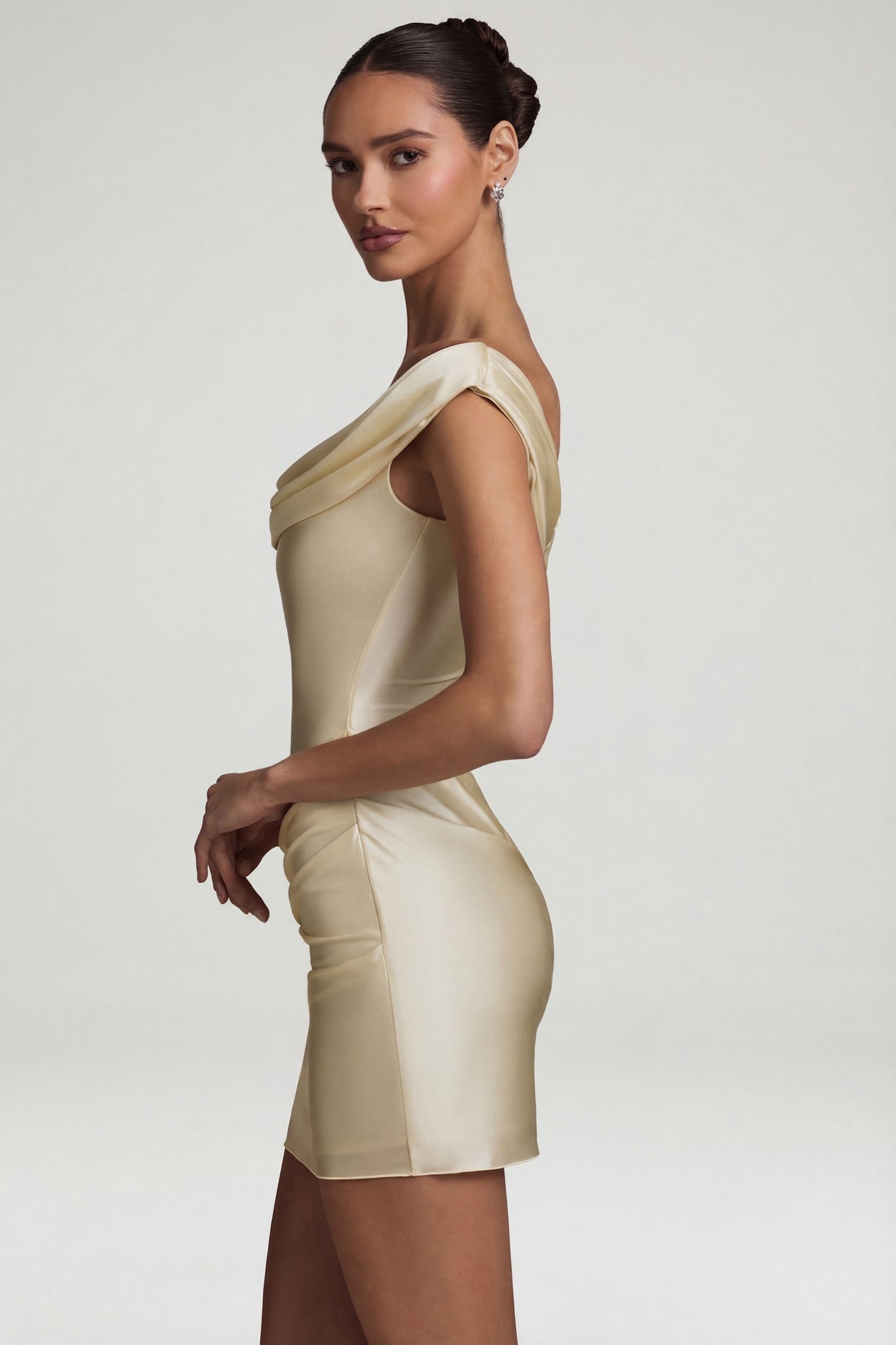 Satin Off-Shoulder Draped Mini Dress in Ivory - 3