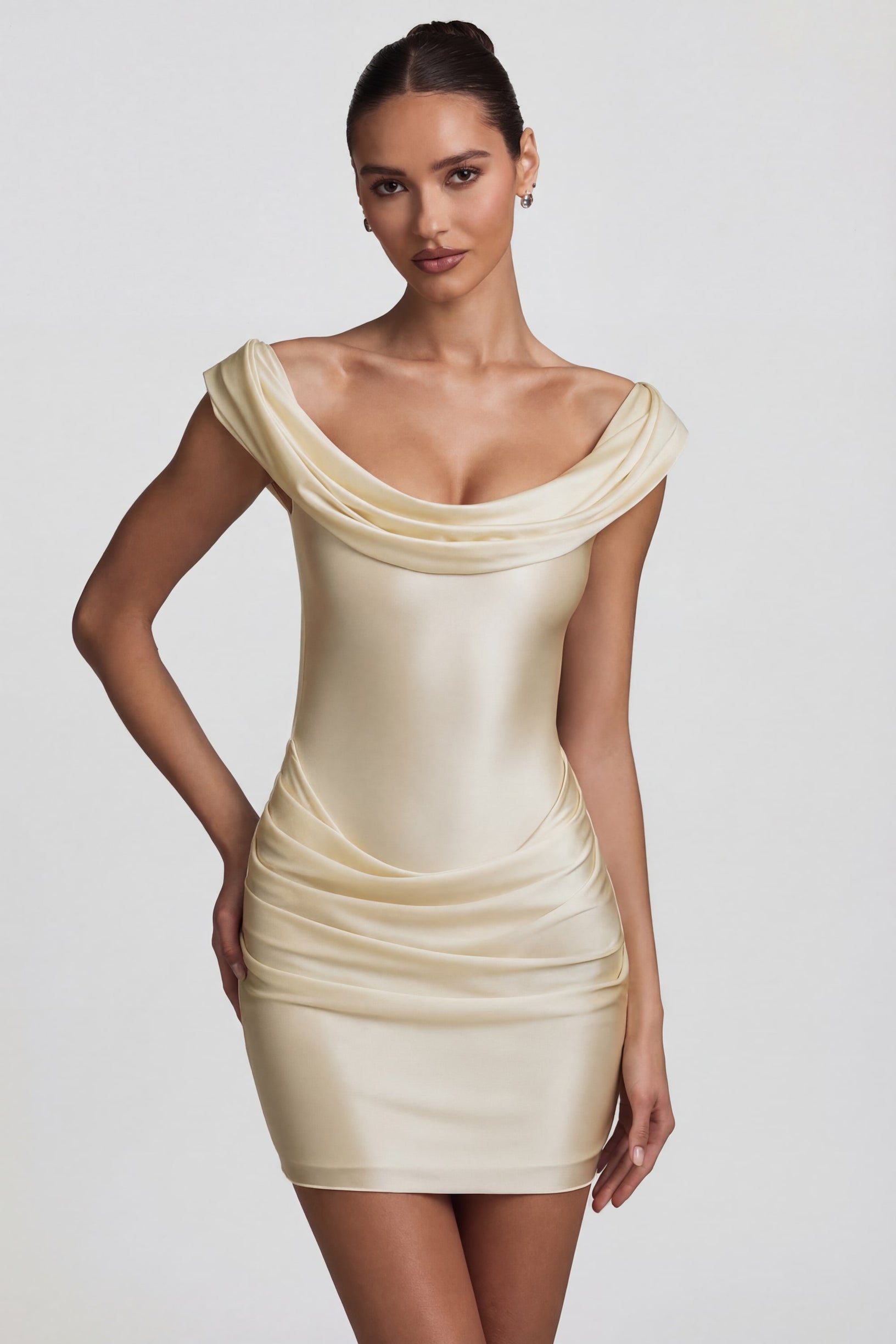 Satin Off-Shoulder Draped Mini Dress in Ivory - 1
