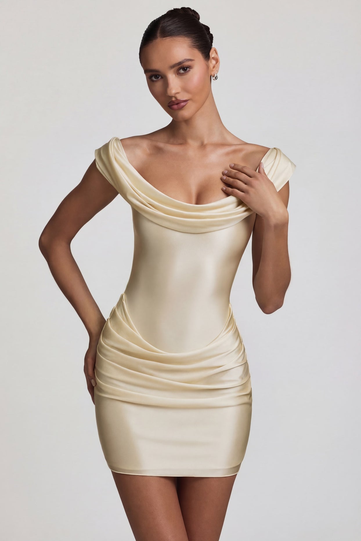 Satin Off-Shoulder Draped Mini Dress in Ivory - 8