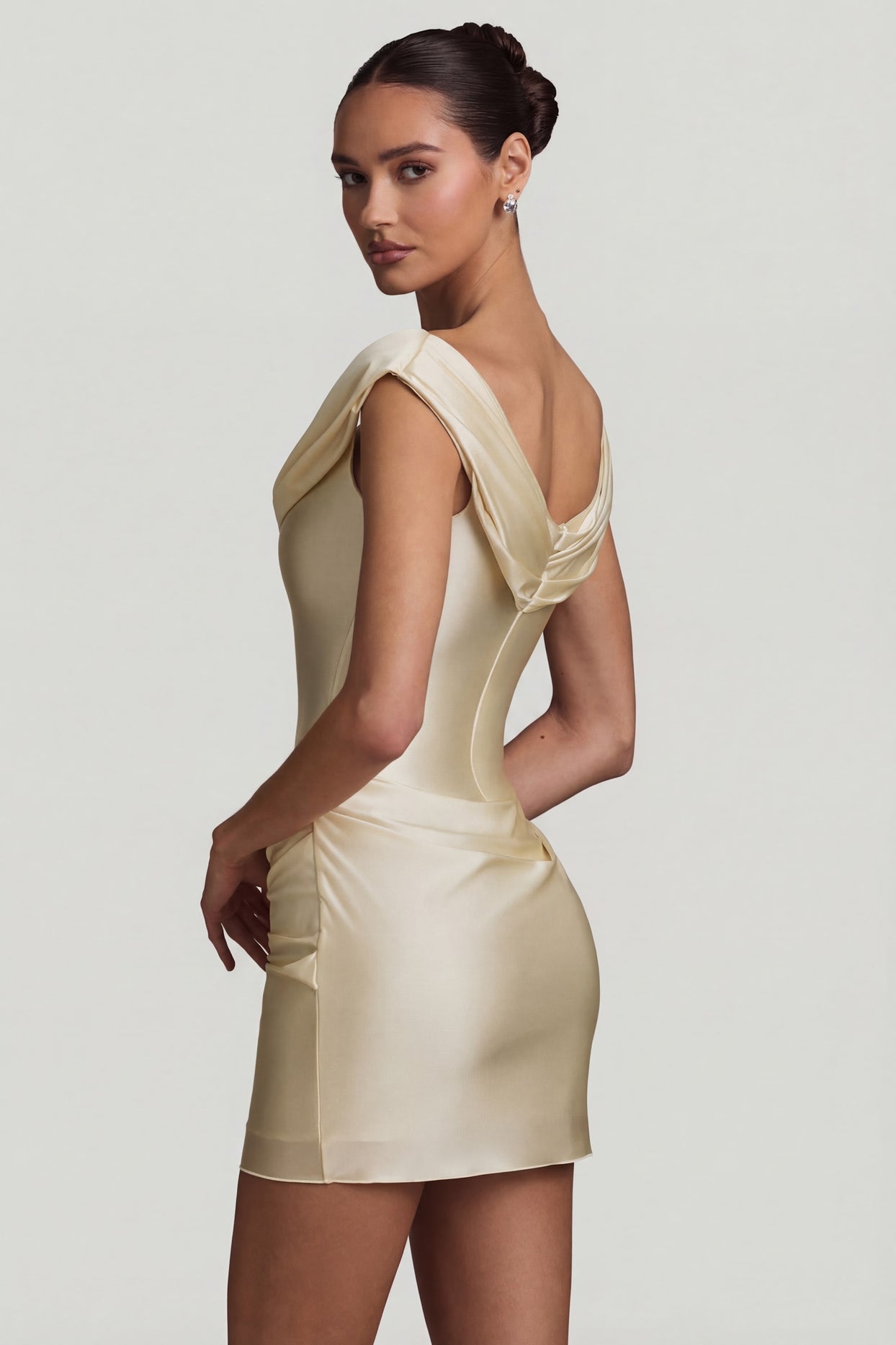 Satin Off-Shoulder Draped Mini Dress in Ivory - 2
