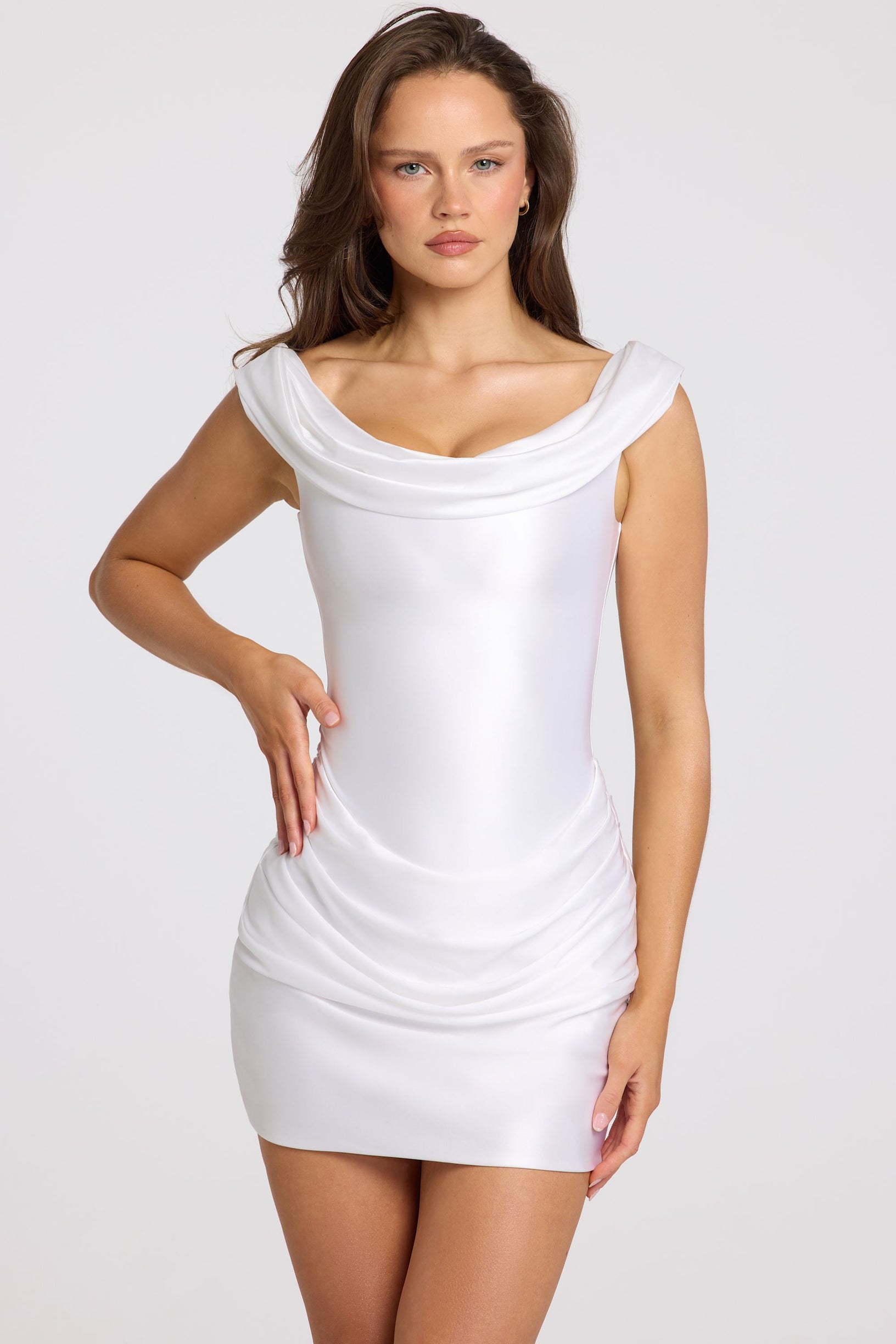 Satin Off-Shoulder Draped Mini Dress in White - 1