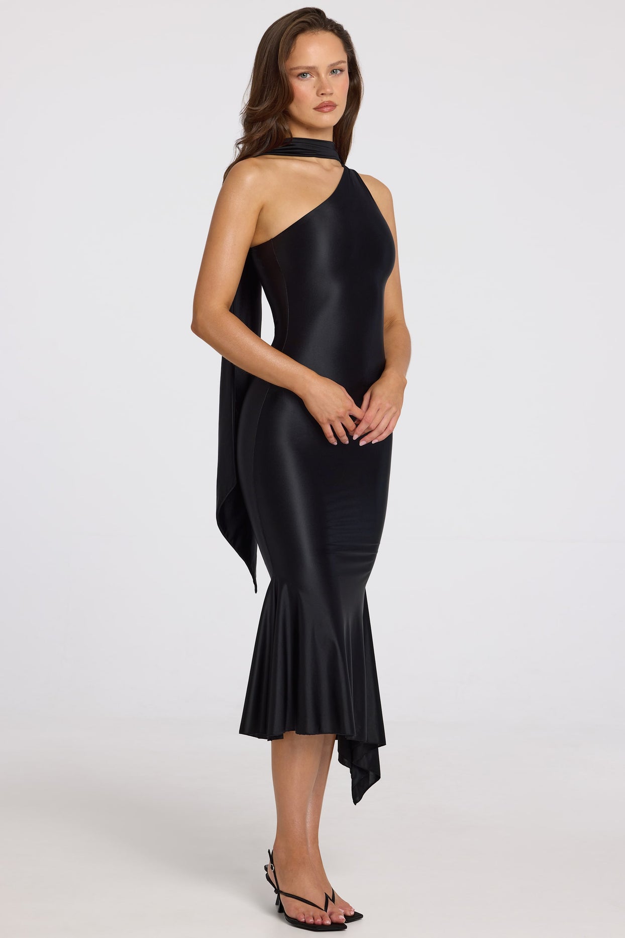 Asymmetric Scarf-Detail Midaxi Dress in Black - 8