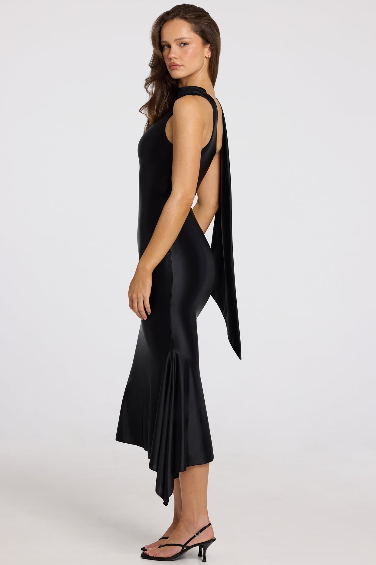 Asymmetric Scarf-Detail Midaxi Dress in Black - 3