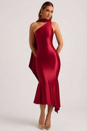 Oh Polly's Priscilla wearing the Shaya Midaxi Dress in True Red Satin Jersey fabric perfect for romantic date nights