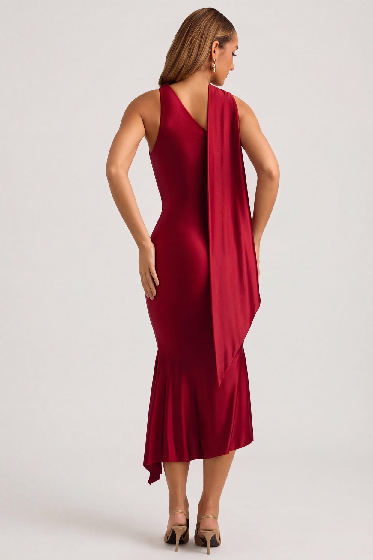Asymmetric Scarf-Detail Midaxi Dress in True Red - 3