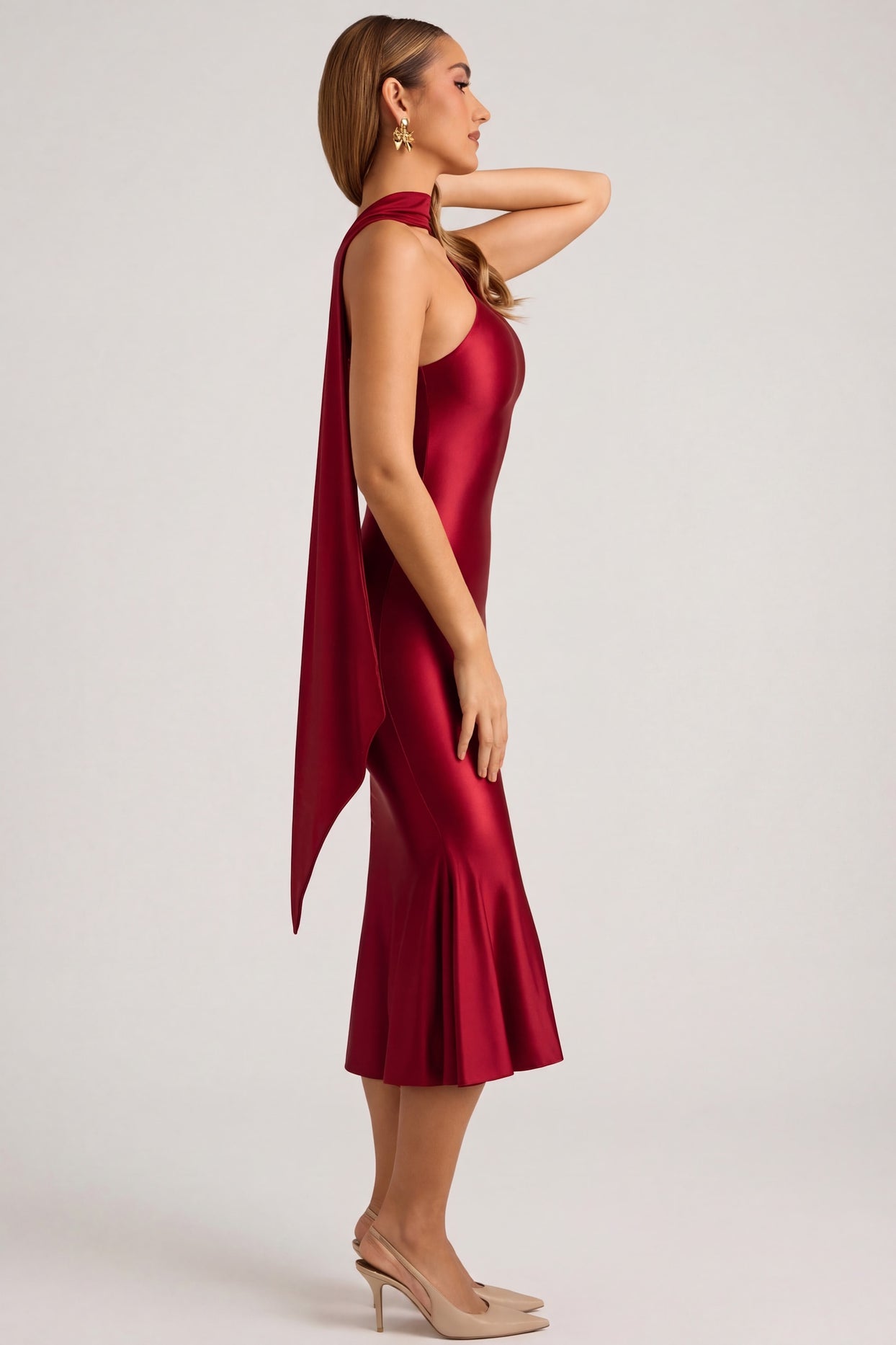 Asymmetric Scarf-Detail Midaxi Dress in True Red - 4
